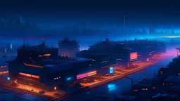 Overview of a cyberpunk city in the evening with neon light