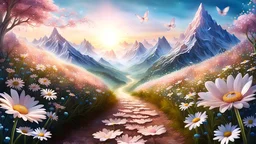 sentiero montano fatto di margherite topazi smeraldi cristalli, quarzo rosa e ialino luccicanti con paesaggio floreale cristalli azzurri e bianchi sole nascente cielo azzurro fatina con ali