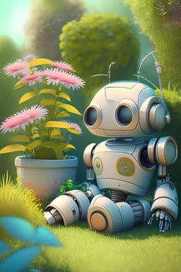 Cute Robot set relax in nice garden