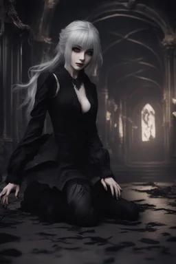 Gothic girl crawling towards the camera, scary moving position. Dark eyes, black clothing and dark make-up. Anime style, Realistic, 8k, chaos background