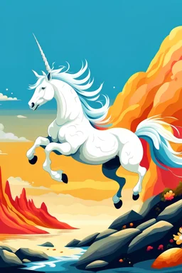 unicornio blanco saltando una roca, en un paisaje colorido