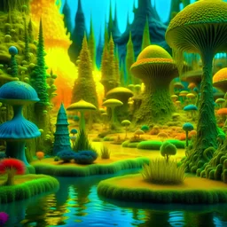 Odd swamp landscape with odd beings surreal abstract Max Ernst style, 120mm photography, sharp focus, 8k, 3d, very detailed, volumetric light, very colorful, ornate, F/2.8, insanely detailed and intricate, hypermaximalist