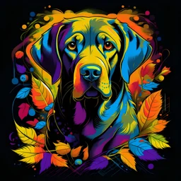 Labrador Retriever T-shirt design, 2D with a colorful background, a bunch of Halloween elements, 2D printing and display