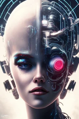 cyberpunk, head, women, portrai, face cry, black eye tears, tron, cyborg, robot, cyborg, white hair, seven , perfekt, real, dream, hr giger