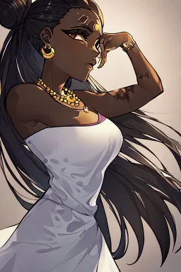 arcane tv show style, league of legends, solo, 1girl, attractive teenager, african, dark skin, dark-brown eyes, black hair, pair buns, violet strands of forehead bangs, necklace, earrings, modern makeup, (detailed skin texture), white oversize shirt