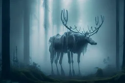 moose with exoskeleton in lush misty forest