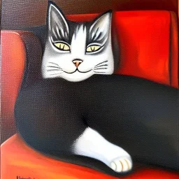 oil portrait of a Cat Sleeping in a Black sofa by María Izquierdo 8k