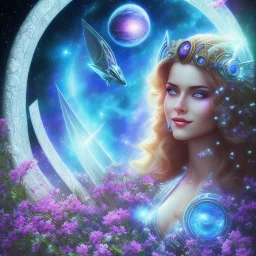 belle Femme cosmique souriante, Stargate , ovni , étoiles, couleur bleu, fleurs , cascade