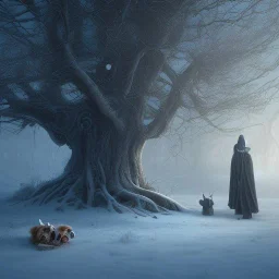 robed Grim Reaper behind sad, abandoned, dog chained to a tree, family house in background, winter, loneliness, 8k resolution, high-quality, fine-detail, iridescent, intricate, digital art, detailed matte, volumetric lighting, illustration, 3D octane render, brian froud, howard lyon, selina french, anna dittmann, annie stokes, lisa parker, greg rutowski