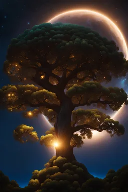 A Luminae standing atop a Glimmerwood Tree, gazing at the luminous horizon