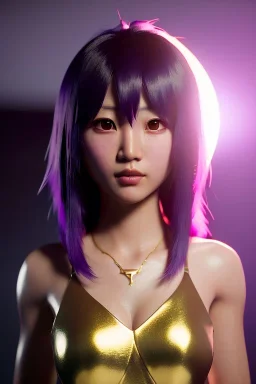 Young asian woman, anime barbarian character, purple hair, gold eyes, long hair gold jewelry, leather, vibrant color, highly detailed, art stations, concept art, smooth, unreal engine 5, god rays, ray tracing, RTX, lumen lighting, ultra detail, volumetric lighting, 3d, finely drawn, high definition, high resolution.