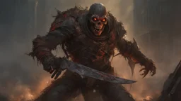 a burning rotting zombie. carnage. black mist in the eyes. armor melted into the skin. blood. broken bones. bleeding eyes. broken fangs. broken jaws. broken armor. gloves.intense horror. blind terror. scared to death. no weapons. no helmet. a masterpiece, fantasy concept art, dynamic lighting, hyperdetailed, intricately detailed, deep color, Unreal Engine, volumetric lighting, Epic cinematic brilliant stunning intricate meticulously detailed dramatic atmospheric maximalist digital matte painting