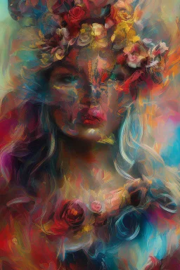 Generate a captivating digital artwork where a vivid explosion of images on a canvas bursts forth, weaving together elements of a woman, demons, tattoos, flowers, and stormy hues. Capture the essence of dynamic creativity in this abstract masterpiece."