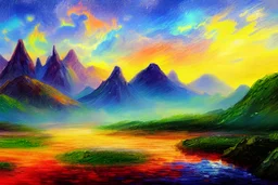 Epic landscape with mountains and lagoon, concept art, impressionism influence, realistic painting