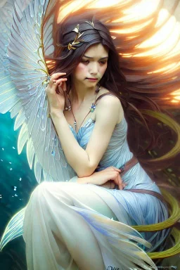 portrait of a water fairy, watery wings, highly detailed, detailed face, smooth, sharp focus, chiaroscuro, digital painting, rossdraws, artgerm and greg rutkowski and alphonse mucha