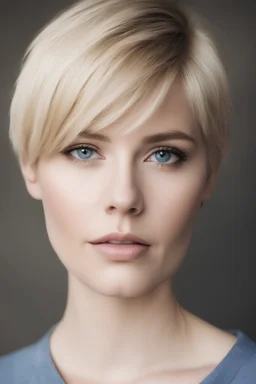 Blonde hair, Blue eyes, short, pixie-cut hair, tapered on the sides, 32k, UHD, full color professional quality digital photograph