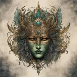 create a full color ink wash and watercolor illustration of a richly patinaed, ancient bronze female druid ceremonial mask representing Macha, utilizing historic Celtic decorative motifs, intricately detailed and sharply defined in the style of Arthur Rackham and Kay Nielsen