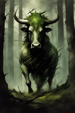 A bull or a horse with a wooden totem with spikes on it, in the middle of the forest. Opposite is a tree with a green-skinned man on it., by Ryohei Hase, Agnes Cecile, Raymond Swanland, Anne Bachelier