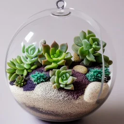 overfilled succulent terrarium in a glass orb, pebbles, pastel colors, warm lighting, linen backdrop