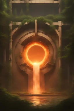 Apocalyptic urban setting with a huge portal being generated in the air. Inside of the portal, a peaceful lush forest setting with a waterfall can be seen. Outside of the portal is an ominous smoky orange-red hazy atmosphere.