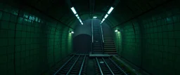 GAME CONCEPT ART .two poin perspective.Station platform and stairs from side .photograph inside of hole .very big ambient.gient station.Inside the old subway tracks, . Low light and closed green moss walls. Like the original design of the game space ,digital art.landscape,far camera old painting,2 Chen and George Hopper, Rembrandt lighting, a dark green color scheme, . --ar 13:16 --v 6. 0 metro game