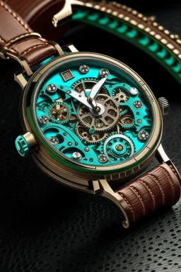 Generate an image portraying the antique clockwork mechanism within a vintage turquoise watch band, symbolizing the precision and stability of a well-crafted journey.