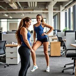 Female athletes with office furniture.