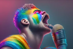 singer with a rainbow stinger, perfect composition, hyperrealistic, super detailed, 8k, high quality, trending on artstation, studio photo, highly detailed, wide borders