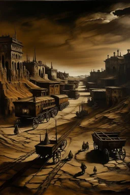 A dark brown underground town with minecarts painted by Salvador Dali