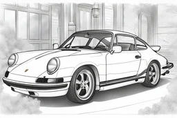 outline for a coloring page of a Porsche 911, white background, sketch style, only use outline, no shadows and clear and well defined