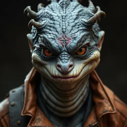 A striking portrait of Zykrass, a reptilian character with black scales and bright brown eyes. His short tendrils on the top of his head give him a unique and otherworldly appearance. With a stern expression, he wears light lipstick and displays a pronounced overbite. A birthmark adorns the top of his left cheek, adding a distinct touch to his features. Clad in a tattered, cheap copper jacket, Zykrass's dirty clothes further emphasize his gritty and rugged demeanor.