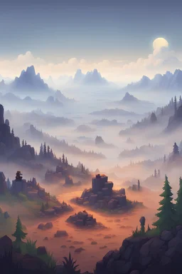 A rocky wasteland surrounded by fog. stardew valley style