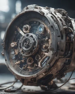 Futuristic gadget watch made with engine parts and wires dysoptia cyberage HAWKEN postapocalyptic dysoptia scene photorealistic uhd 8k VRAY highly detailed HDR