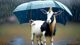 Goat holding an umbrella but no rain