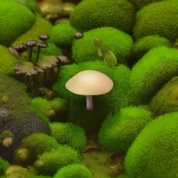 microphotography mushroom growing in a mossy dense lush green woods, high definition, detail, HD, 8k, realistic, 3d rendering, blender, photography, fisheye, bulge, tilt shift blur