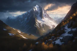 a snow-covered lonely steep massiv mountain reaching into the clouds. On top of the mountain is a long needle thin tower. seen from a valley. fantasy concept art, exquisite realism, a masterpiece, dynamic lighting, hyper detailed, intricately detailed, deep color, Unreal Engine, volumetric lighting , Epic cinematic brilliant stunning intricate meticulously detailed dramatic atmospheric maximal,