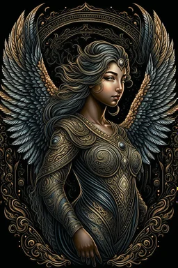 Ornate Angel design, T-Shirt Design, fantasy art, digital painting, clean dark background, 8K, HDR