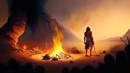 Paleolithic landscape with man and fire