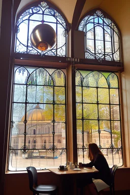 View of the synagogue in Budapest from a large glass window of a café, a brown-haired woman sitting in front of the window with her back to us, coffee in front of her, large shiny bright silver and spherical lamps on the ceiling, in sunshine