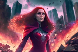 Wanda Maximoff, mulher, cabelos ruivos, olhos vermelhos, corpo inteiro, fundo cidade destruída, cores brilhantes, de lado destruindo algo com sua magia vermelha, traje da feiticeira escarlate, dramatico, 4k render, imagem cinematográfica. Cores frias,