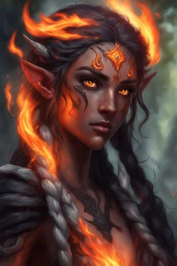 Fire Eladrin druid female. Hair is long and bright black part glows. Part of hair is braided and fire comes out from it. Big bright red eyes. Is generating fire with her hands and fire are coming our off them . Skin color is dark. Has a huge scar on face.