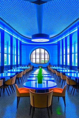 A restaurant with the outer shape of the walls in blue and a white floor, and it contains one table in the middle of the restaurant, and the walls are oval in shape, containing 30 chairs, and the walls are made of glass