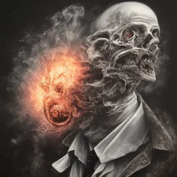 portrait of man with an exploding horror inside his face, highly detailed black and white, oil painting.