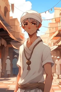 White morrocan boy hero in anime in marrakech with his upper body in souk in a good position far from the camera . Anime style