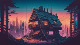 small Wooden European Cabin, In cyberpunk city-skyline, comic style
