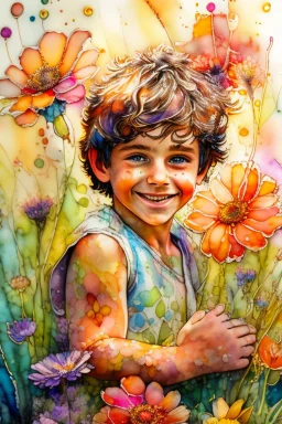 Summer flowers embraced by an alcohol ink splash, resembling Jody Bergsma's super realism infused with hyper-detailed Impressionism in 8K, a gold bar subtly nestled within the vibrant flora, a small, fluffy and slightly tanned boy exuding joy and happiness, all captured in watercolor, peaking in popularity on Artstation, photographed in a studio setting, sharp focus revealing intricate details of each