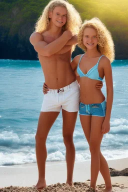 full body image of a beautiful 12 year old girl and a beautiful 12 year old boy with long, blonde curly hair and light blue eyes, smiling, shirtless, in front of an distant beach, 8k