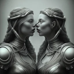 two viking girls kissing each other, hr giger, scary, steam punk, realistic, made in octane, cinematic, ultra-realistic, extremely detailed octane rendering, 8K, VRAY Super Real ar 2:3, dof photorealistic futuristic 50mm lens hard lighting dark gray tintype photograph, realistic lighting, sepia color