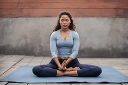 Subject & Action: A youthful woman with athletic definition—the kind born of grit and perhaps something more potent than nature intended—holds a perfect Lotus position (Padmasana) on an old, weathered yoga mat. Her hands are forming a mudra on her knees. Her eyes, which were once shut in deep concentration, have just snapped wide open in profound shock and wonder. Her expression is a mix of terror and ultimate revelation. Setting: The transition point between worlds. She began in a crowded, ear