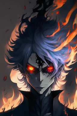 Anime with wight hair and black clothes and power fire and eyes of sharengan and cool face